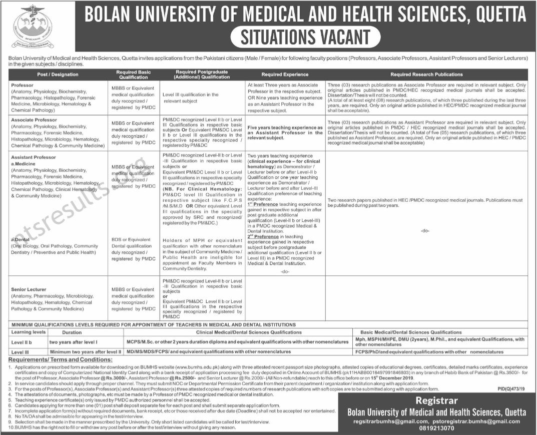 Bolan University of Medical and Health Sciences  BUMHS Jobs 2019