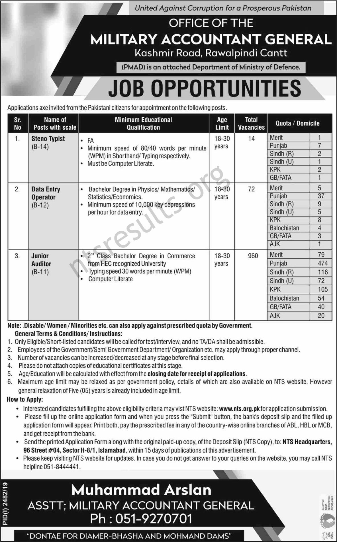 Military Accountant General Office PMAD Jobs NTS Test Roll No Slip