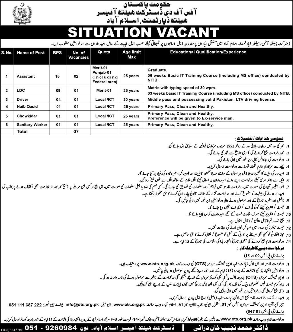 District Health Officer Islamabad DHO Office Jobs OTS Test Result
