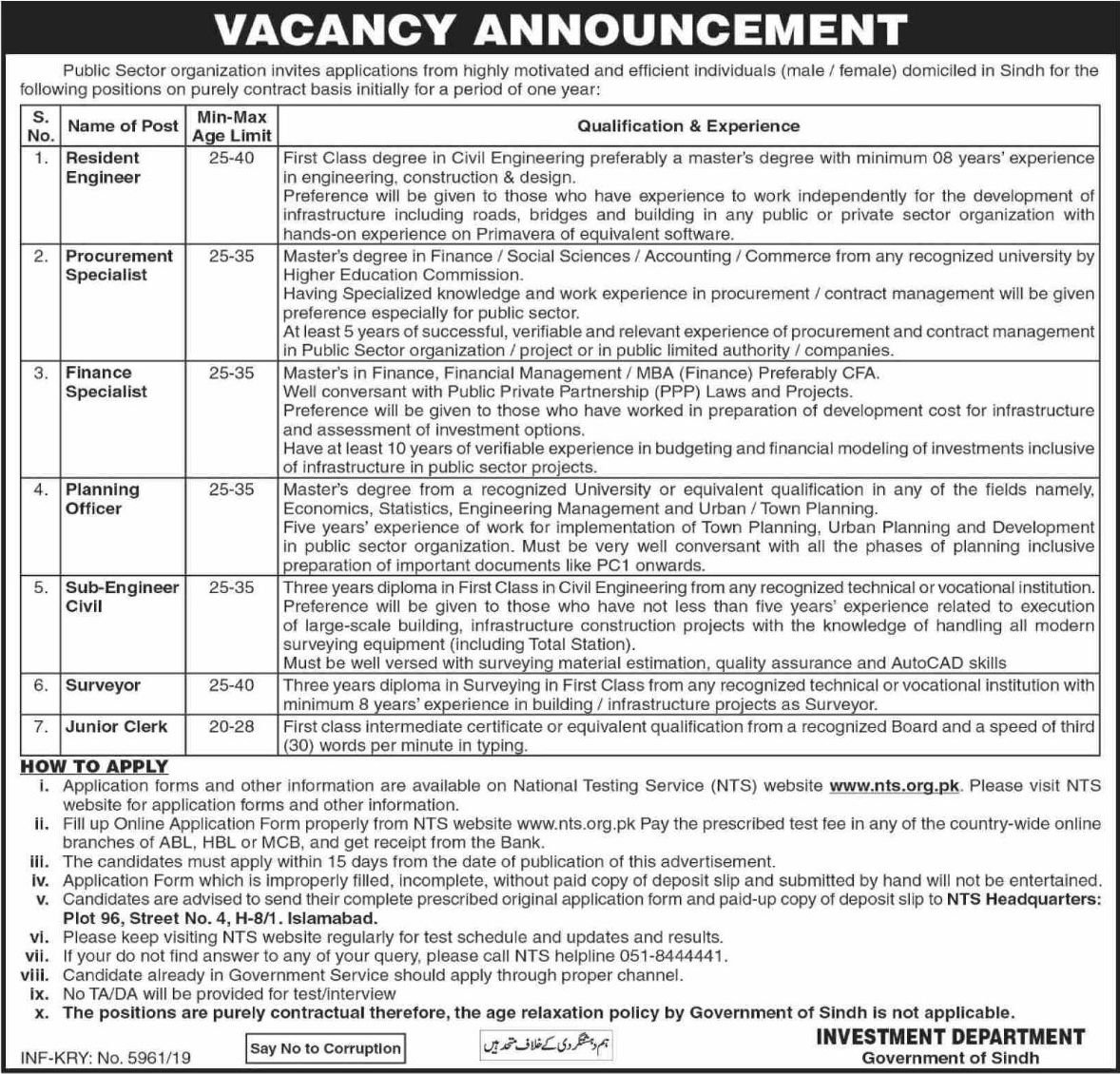 Public Sector Organization Sindh Jobs Via NTS