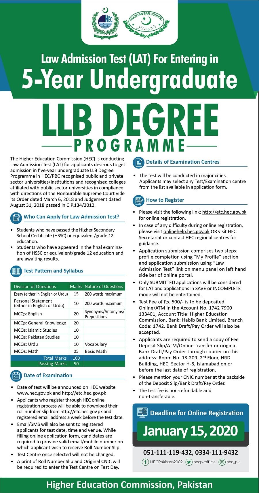 HEC LAW Admission Test LAT 5 Years Undergraduate LLB Degree Programme Apply Online