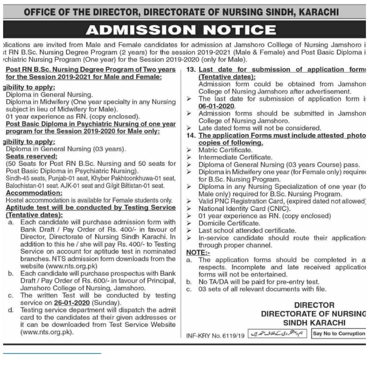 Directorate of Nursing Sindh BSc Nursing Degree Psychiatric Diploma NTS Test Roll No Slip