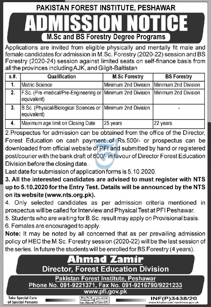 Pakistan Forest Institute Admission MSc BS Forestry Program NTS Result