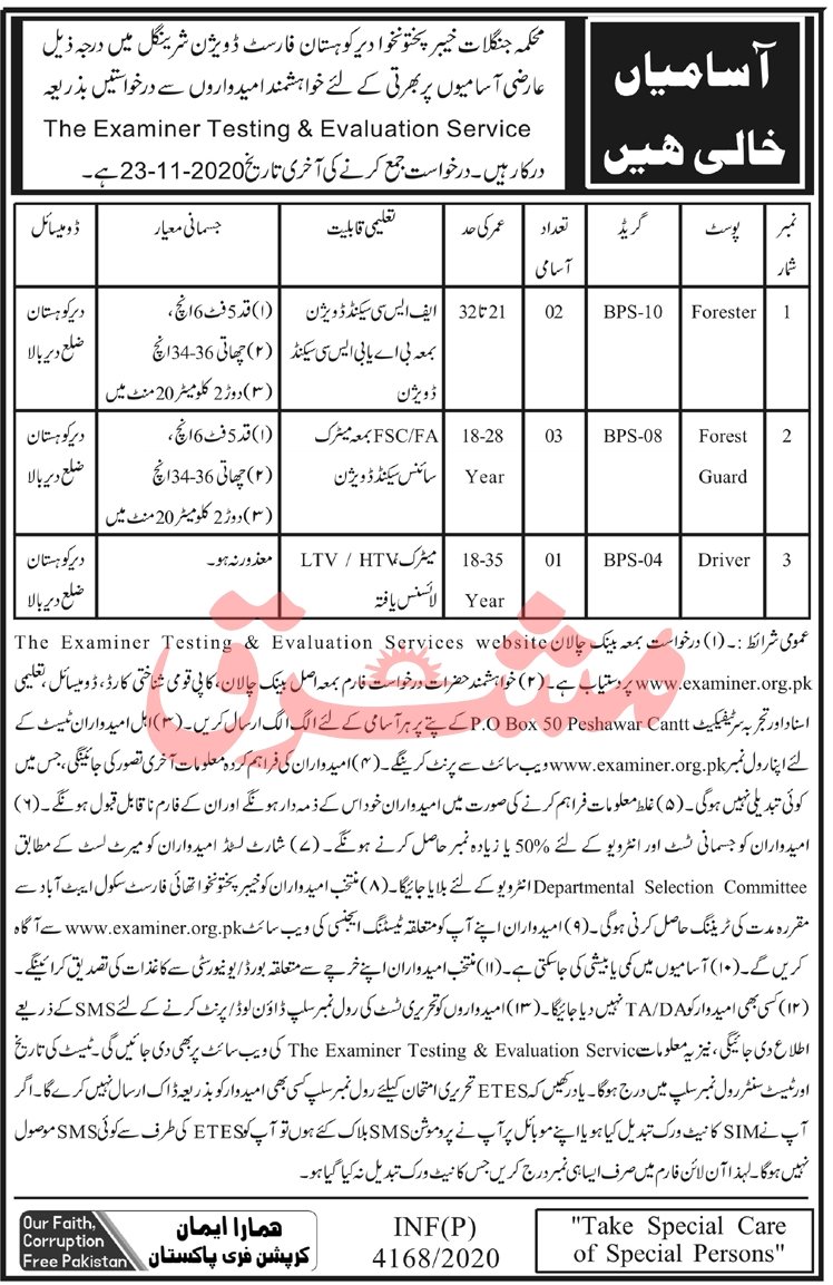 Divisional Forest Officer Office Kohistan Sheringal Jobs Via ETES
