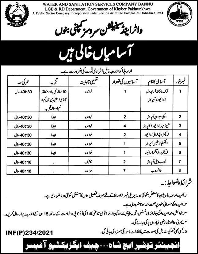 WSSC Jobs Bannu 2021 Water & Sanitation Services Company