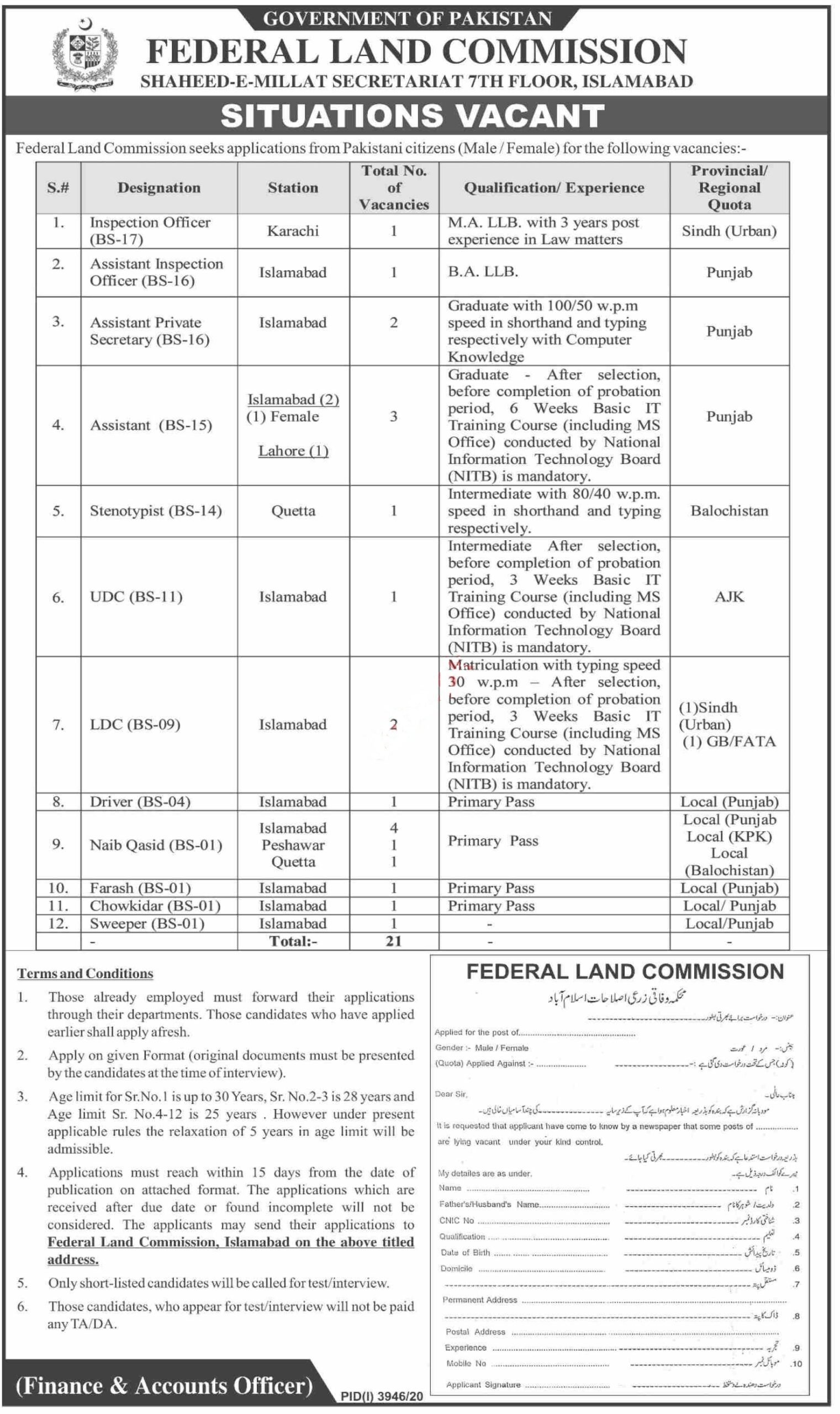 Federal Land Commission Islamabad Jobs 2021 Test Date Short Listed List Interview Schedule