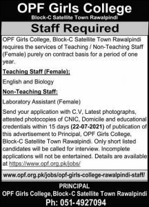 Job Advertisement in Newspaper OPF Girls College Rawalpindi Jobs