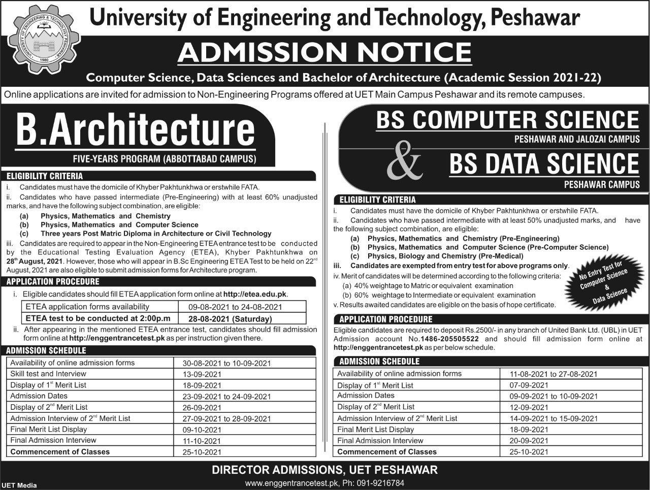 UET Peshawar Bachelor of Architecture BS Admission ETEA Slip
