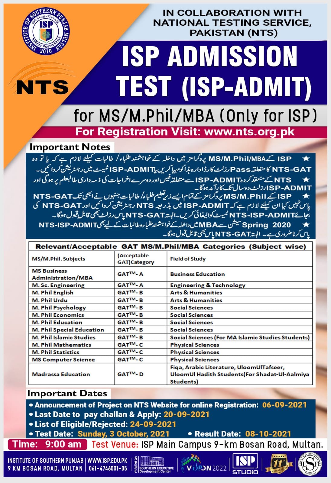 Institute of Southern Punjab ISP Admission MS MPhil MBA NTS Roll No Slip