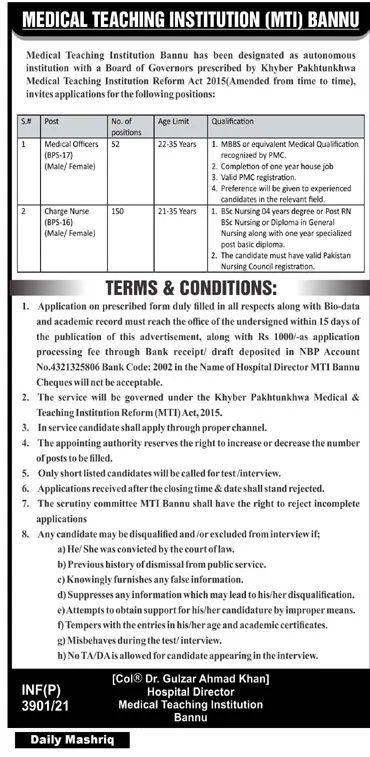 Latest Govt Jobs in KPK At Medical Teaching Institution MTI Bannu