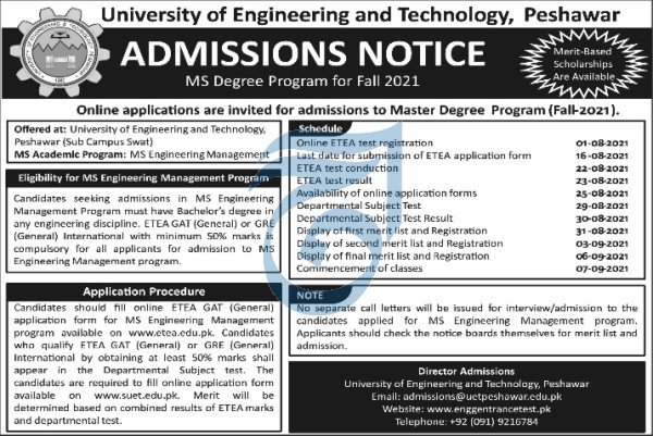 UET Peshawar Swat MS Admission 2021 ETEA Roll No Slip