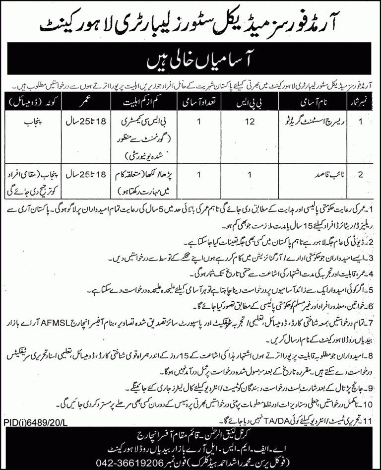 Today Government Jobs in Lahore 2021 Inter Base At Armed Forces Medical Stores Laboratory