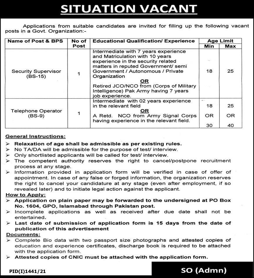 Latest Govt Jobs In Islamabad Today 2021 At PO Box No 1604 Islamabad