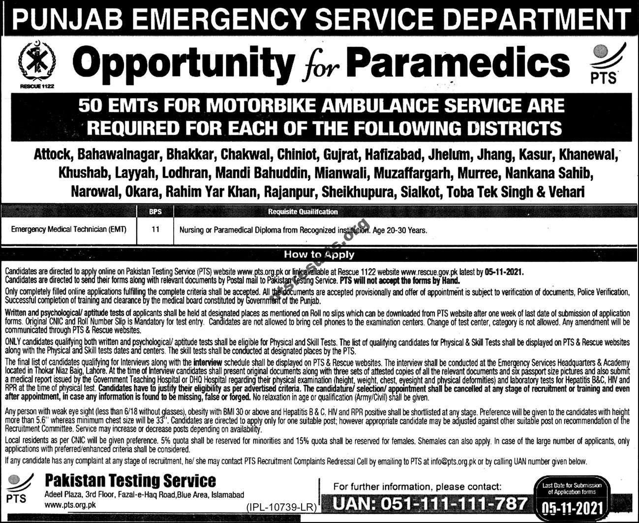 Rescue 1122 Jobs 2021 At Punjab Punjab Emergency Service Department
