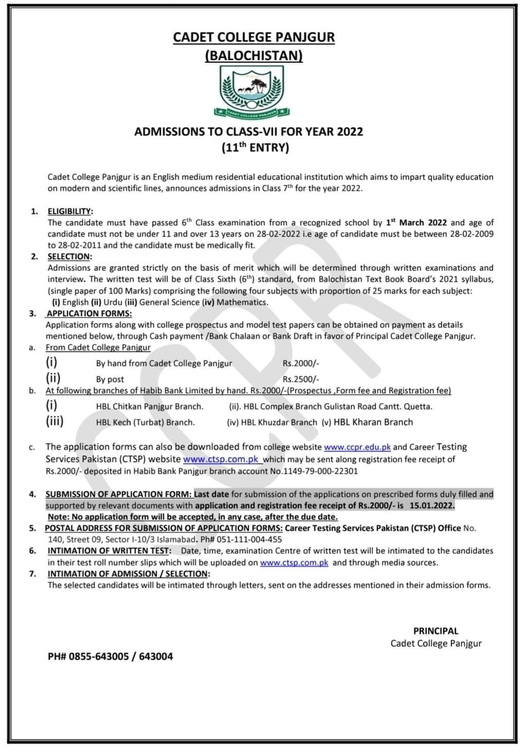 Cadet College Panjgur Class 7th Admission 2022 CTSP Result Answer Keys Merit List