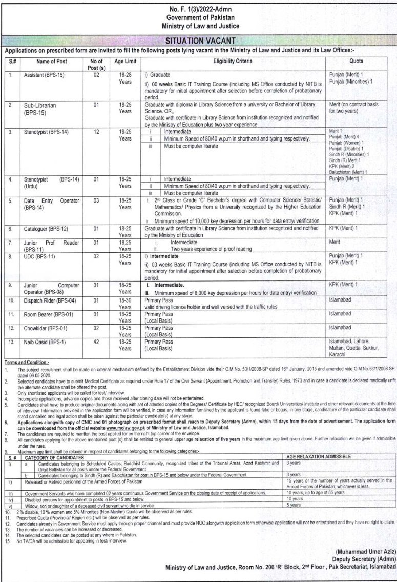New Govt Jobs Pakistan June 2022 At Ministry of Law & Justice