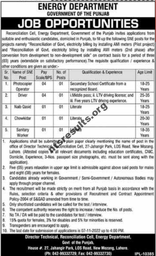 Government Jobs Lahore 2022 At Energy Department