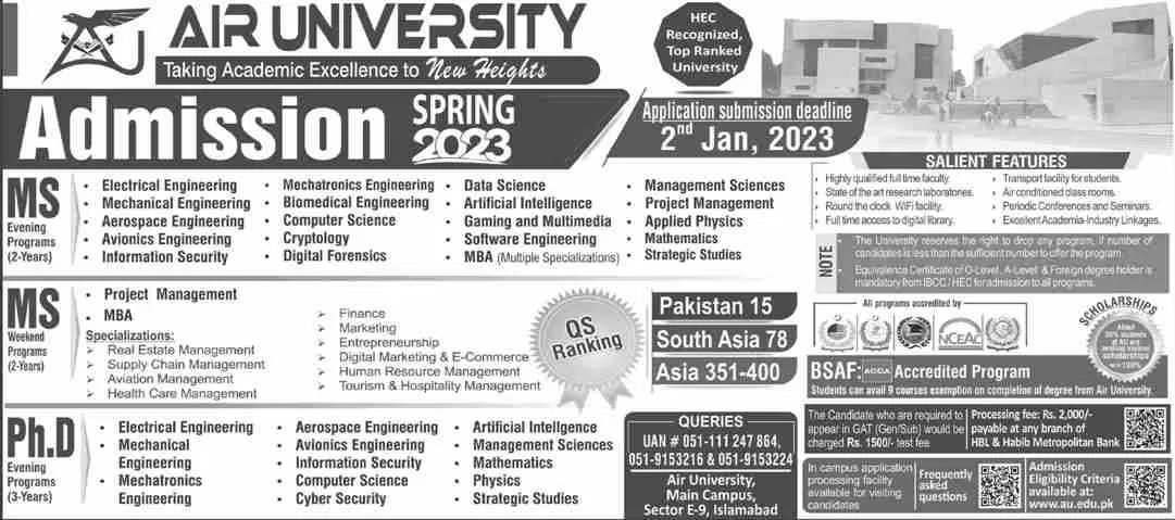 Air University Islamabad Admission Spring 2023 Test NTS Result Merit List MS & PhD Programs U/G Programs (CBT) 